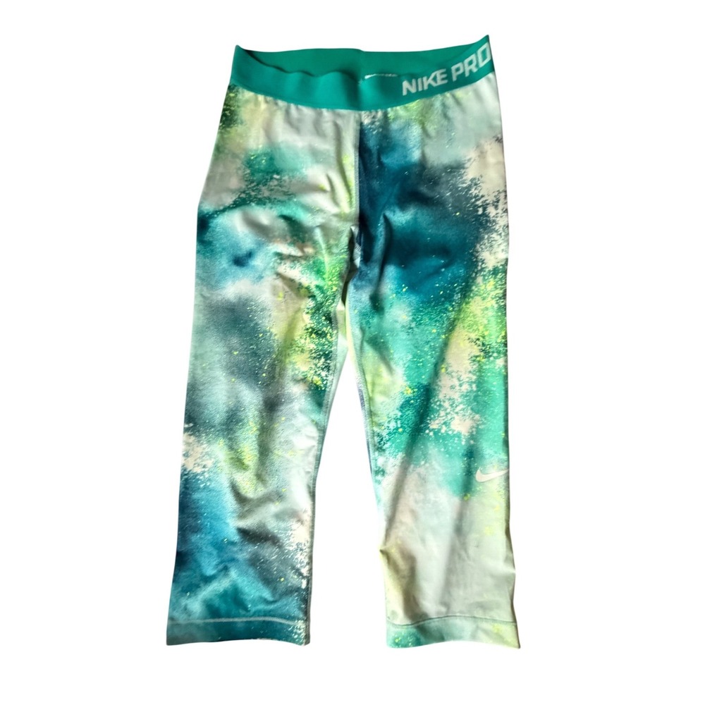 Nike Pro Womens Medium Abstract Galaxy‎ Print Capri Leggings Teal Green Yellow